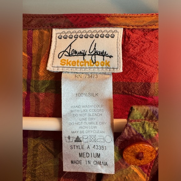 Jennifer George Sketchbook Women’s Pink/orange Plaid Button Up Shirt 100% Silk M - Picture 7 of 12